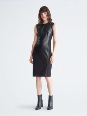 Calvin Klein Black Leather Panel Midi Dress